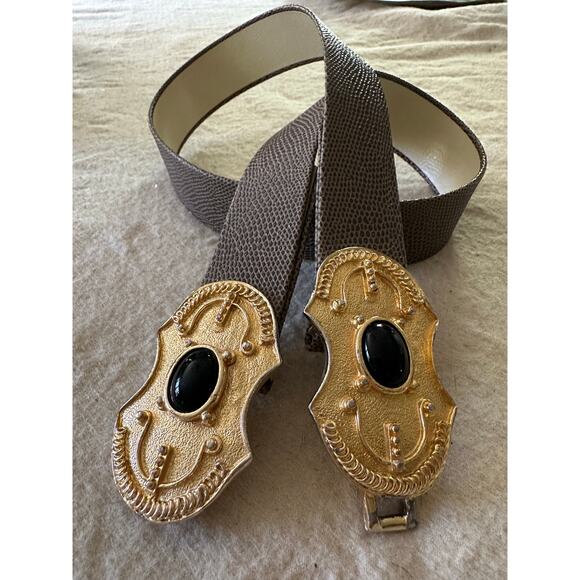 Vintage signed GAY BOYER belt gold removable buckle black cabochon snake leather main image 12